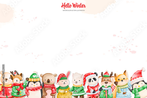 Christmas animals background, Watercolor Winter animals, Watercolor illustration