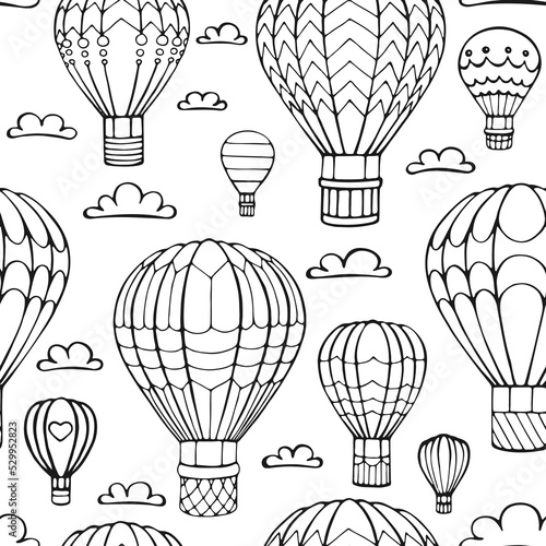 Seamless pattern hot air balloon and cloud. Hand drawn outline doodle. Vector illustration.