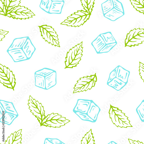 Seamless pattern with mint, ice cube. Lemonade wallpaper. Fresh summer time print.