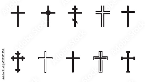 Christian cross icon set. Set of icons of christian and catholic crosses isolated on white background.