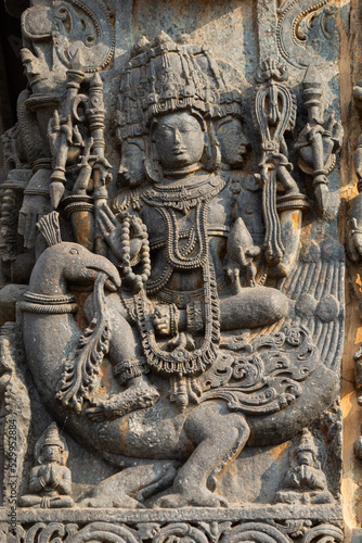 Sculpture of Lord Bramha Sitting on the Swan, Hoysaleshwara Temple, Halebeedu, Hassan, Karnataka, India