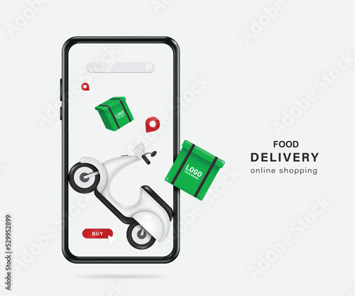 Green bags or boxes for food to be delivered to customers floating out of a scooter or motorcycle. and all appear in front of smartphone,vector 3d isolated for online shopping and delivery concept