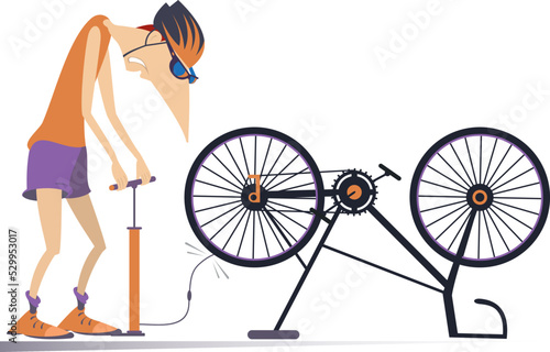 Cyclist and a broken bicycle.
Sportsperson repairs the bicycle. The cyclist inflates the wheel on the bicycle. Isolated on white background
