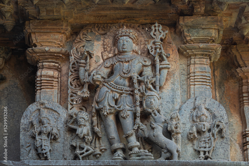 The Sculpture of Lord Shiva on the Hoysaleshwara Temple, Halebeedu, Hassan, Karnataka, India.