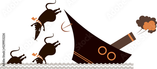 Rats desert a sinking ship. 
Cartoon rats in panic desert a sinking ship black on white background
