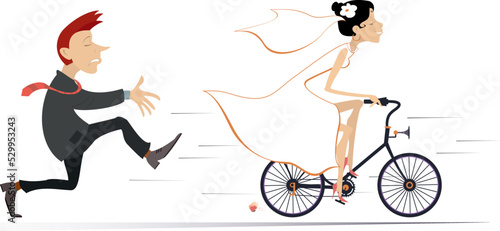 Married wedding couple. Bride rides away from the bridegroom on the bicycle.Upset bridegroom trying to catch up a runaway bride on the bicycle bride. Isolated on white background illustration