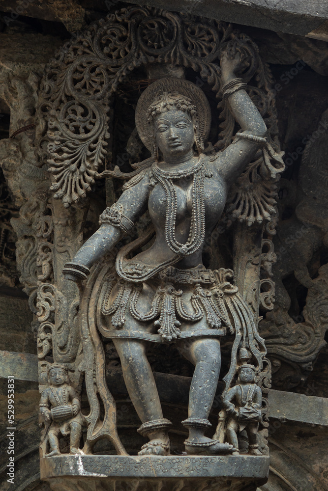The Sculpture of Dancer on the Hoysaleshwara Temple, Hassan, Karnataka, India.
