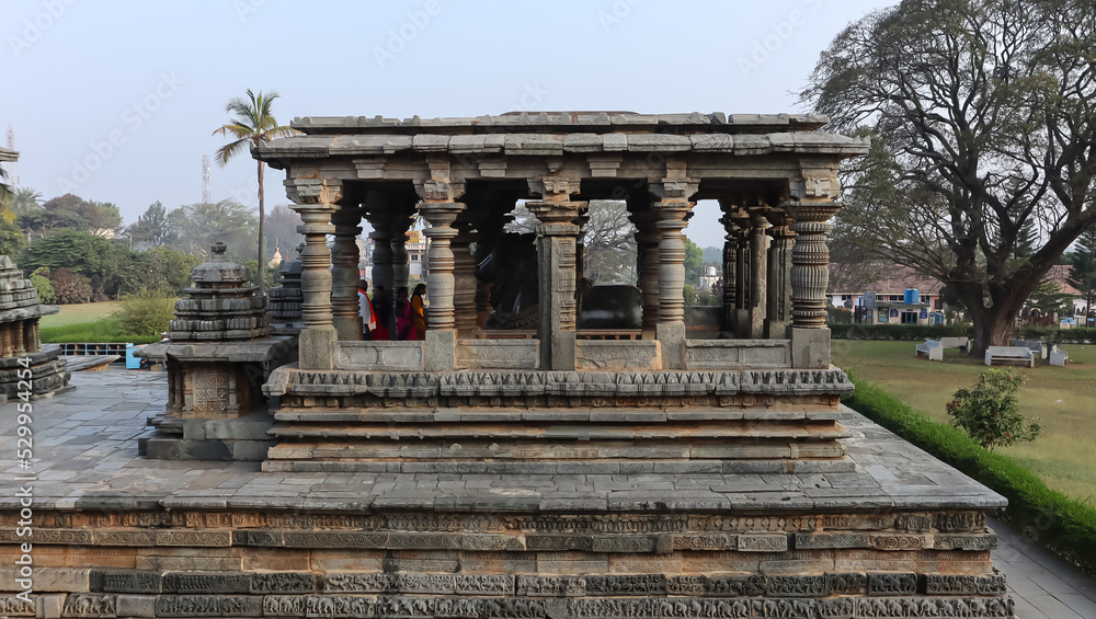 Fototapeta premium View of Nandi Temple Complex of Hoysaleshwara Temple, Halebeedu, Hassan, Karnataka, India.