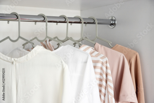 Clothes hanging on a clothes rack in a store or home closet. © Natallia