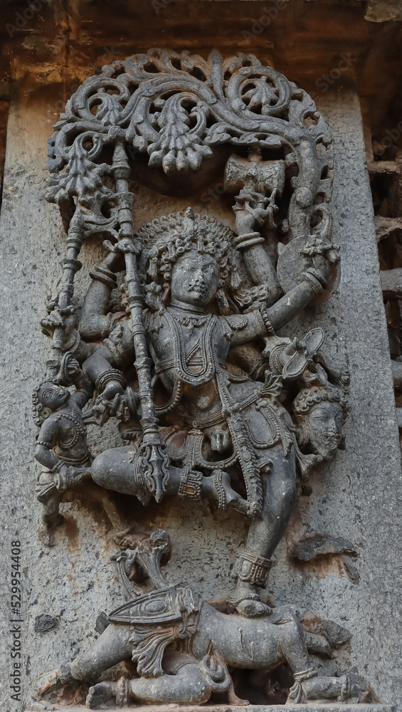 The Dancing Sculpture of Lord Shiva on the Hoysaleshwara Temple, Halebeedu, Hassan, Karnataka, India.