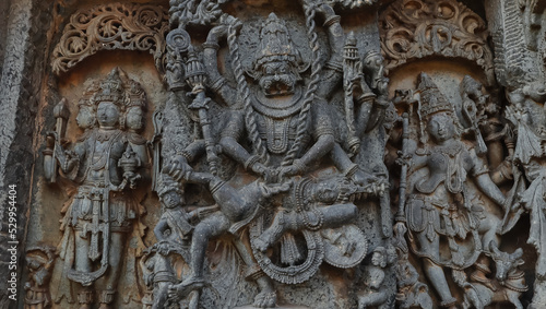 The Carving Sculpture of Lord Narshimha on the Hoysaleswara Temple, Halebeedu, Hassan, Karnataka, India.