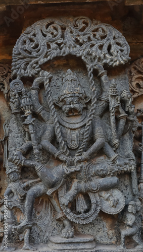 The Carving Sculpture of Lord Narshimha on the Hoysaleswara Temple, Halebeedu, Hassan, Karnataka, India.