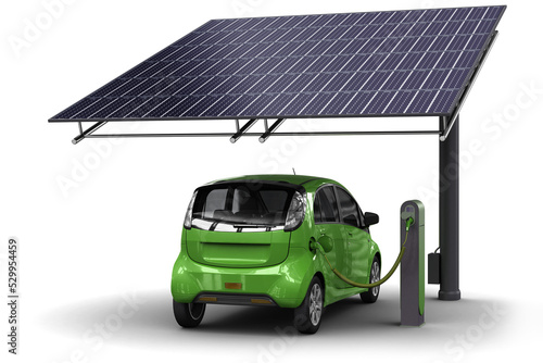 Grüne Energie Tanken: E-Auto angeschlossen an einer mit Solarenergie betriebene Ladestation photo