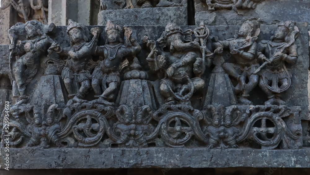 The Beautiful War Scenes Carvings on the Hoysaleshwara Temple, Halebeedu, Hassan, Karnataka, India.