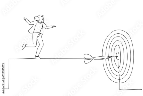 Drawing of skillful businesswoman acrobat walk on rope to reach bullseye dart target. Metaphor fro challenge to overcome difficulty and achieve business target. Single continuous line art style