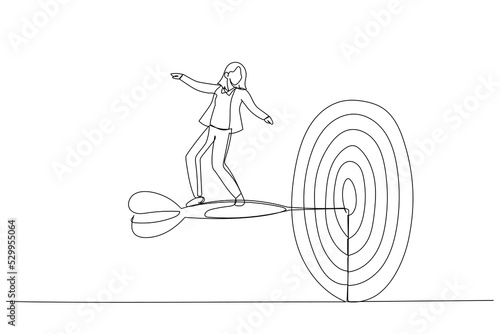 Cartoon of businesswoman with briefcase standing on dart to achieve business goal. Metaphor for solution, achievement, mission, and direction. One line style art