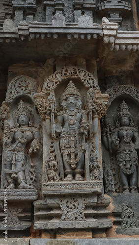 Carving Sculpture of Lord Shiva on the Hoysaleshwara Temple, Halebeedu, Hassan, Karnataka, India.