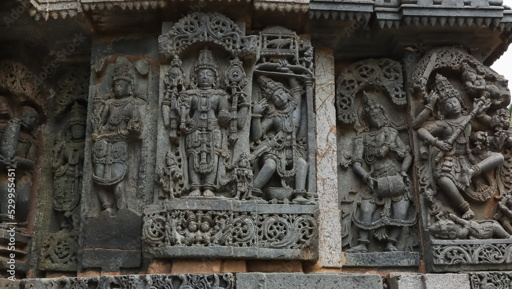 The Sculptures of Hindu God Goddess on the Temple Hoysaleshwara, Halebeedu, Hassan, Karnataka, India. 