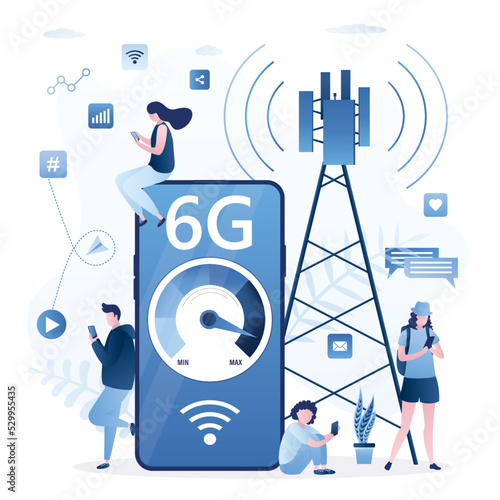 Big mobile phone, various people surfing in web online, communication tower. 6G fast speed internet connection. Young adults with smartphones using wireless internet.
