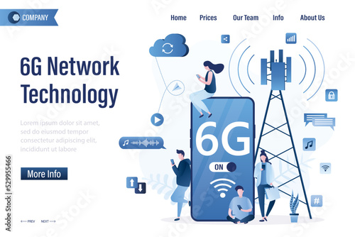 6G Network technology, landing page template. Users catch 6G internet connection. Communication tower. Young adults with smartphones using wireless internet. Fast online mobile connection.