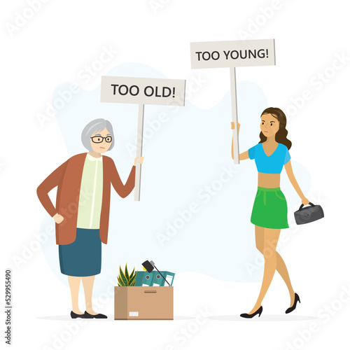 Unhappy women holds placards - too old, too young. Age discrimination, ageism. Job seeker, unemployment, grandmother after staff reduction, refuse. Sad young girl after job interview.