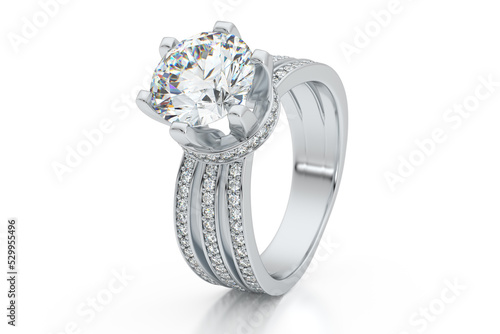 Jewelry engagement diamond ring white gold 3D rendering