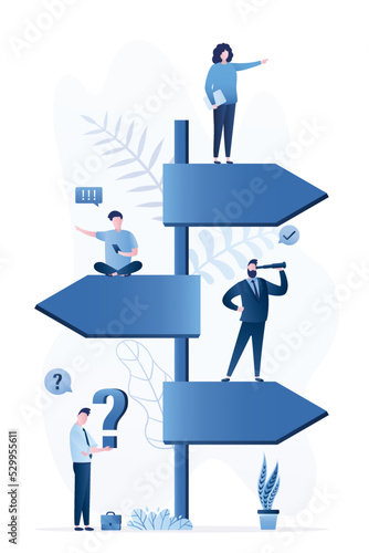 Various business people select road to success. Pointers with multiple directions. Ways to profit, successful career, new ideas. Managers or employees thinking about right ways.