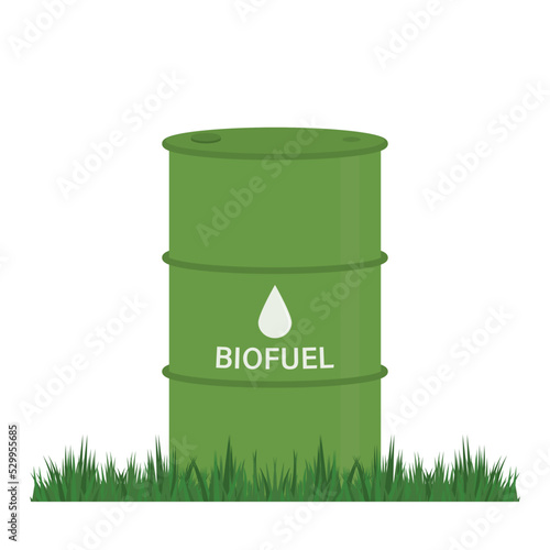 Biofuel barrel standing on grass. Biodiesel, eco products and fuels. Eco petroleum in tank. Green campaign, alternative energetic. Cartoon design isolated on white background.