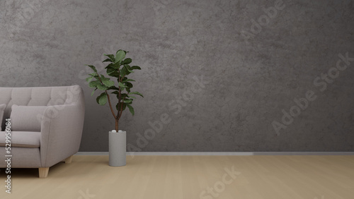 Fototapeta Naklejka Na Ścianę i Meble -  Modern Interior Style Design With Polished Concrete Wall Grungy Background, Grey Sofa With Green Plant On The Side 3D Render