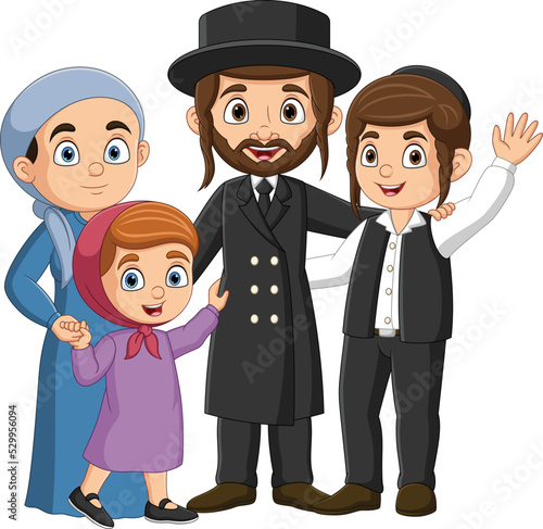 Cartoon jewish family standing together celebrating hanukkah