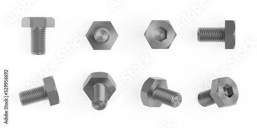 Stainless steel hex allen head screw in various positions for online shop product card. Isolated on white background. 3d illustration photo