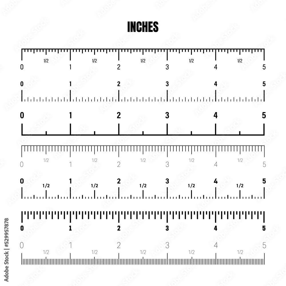 Realistic black inch scale for measuring length or height. Various