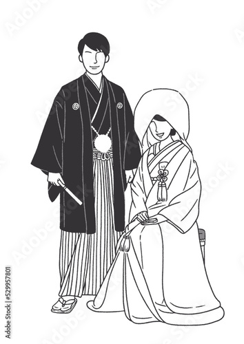 結婚をする男女のモノクロ線画イラストB 和装結婚式 和装ウェディング