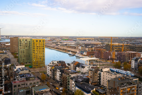 Museum aan de Stroom , Ethnographic and Maritime Museum with Rooftop view in Antwerp during winter during sunset : Antwerp , Belgium : November 29 , 2019