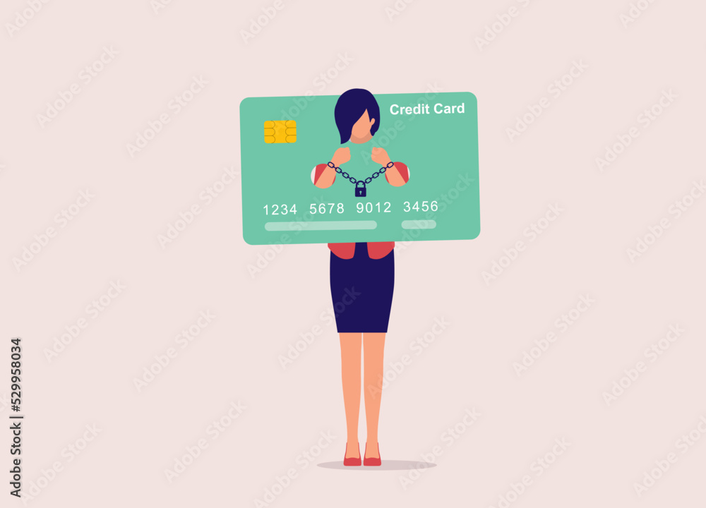 Credit Card Debt Slavery Concept. Sad Businesswoman With Handcuffs Trapped In A Pillory Credit Card Shaped Design. Full Length. Flat Design Style, Character, Cartoon. Credit Card Debt Slavery Concept. Sad Businesswoman With Handcuffs Trapped In A Pillory Credit Card Shaped Design. Full Length. Flat Design Style, Character, Cartoon.