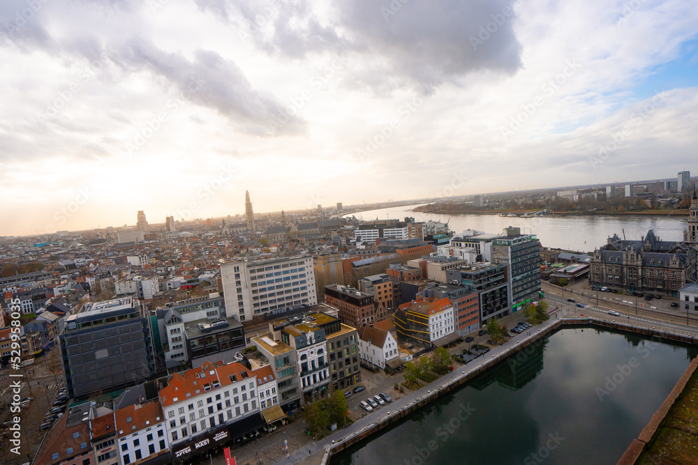 Fototapeta premium Museum aan de Stroom , Ethnographic and Maritime Museum with Rooftop view in Antwerp during winter during sunset : Antwerp , Belgium : November 29 , 2019