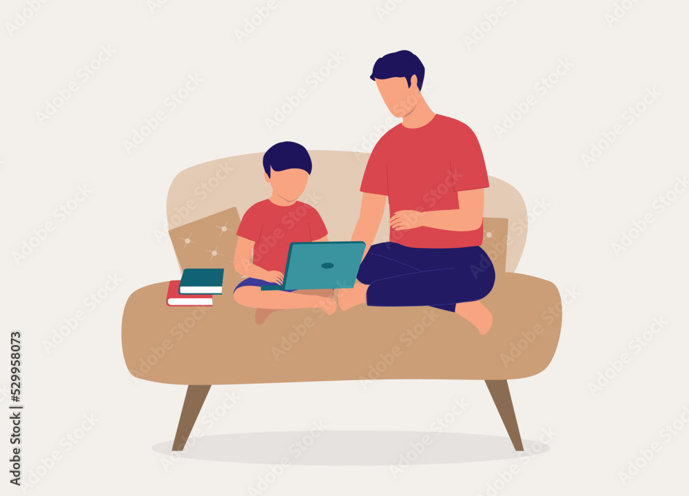 Father Helping His Son With His Homework Using Laptop. Full Length. Flat Design Style, Character, Cartoon.
