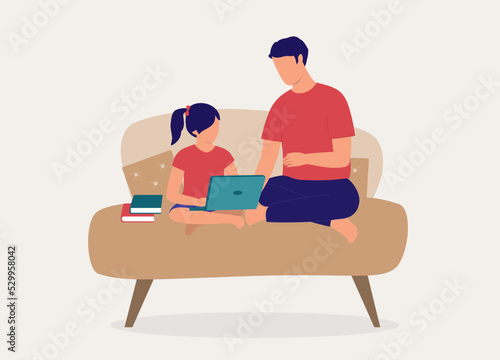 Father Helping His Daughter With Her Homework Using Laptop. Full Length. Flat Design Style, Character, Cartoon.