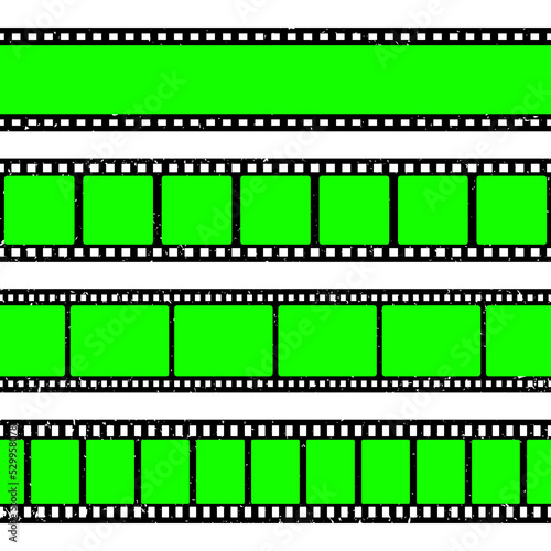 Realistic grunge film strip, camera roll. Old retro cinema movie strip with blank green chroma key background. Analog video recording and photography. Visual effects compositing. Vector illustration