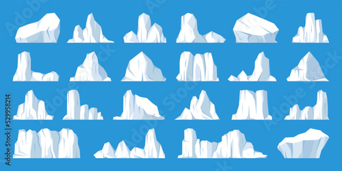 Floating icebergs collection. Drifting arctic glacier, block of frozen ocean water. Icy mountains with snow. Melting ice peak. Antarctic snowy landscape. South and North Pole. Vector illustration.