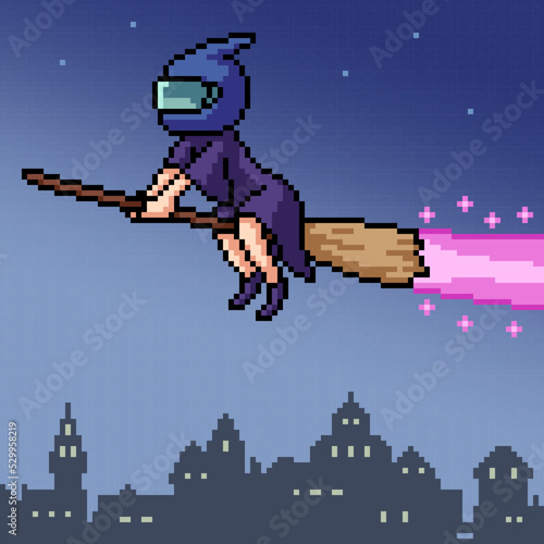 pixel art witch fling broom