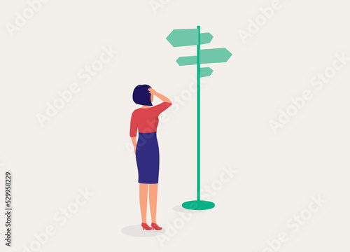 One Young Woman In Businesswear Scratching Head And Standing Beside Road Sign Undecided Which Direction To Choose. Full Length. Flat Design Style, Character, Cartoon.