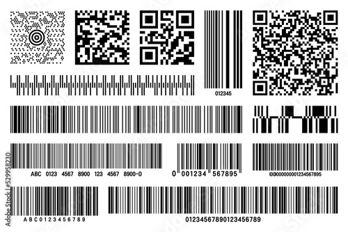 Set of product barcodes and QR codes. Identification tracking code. Serial number, product ID with digital information. Store or supermarket scan labels, price tag. Vector illustration.
