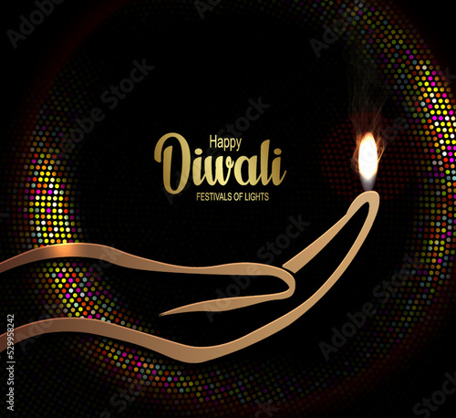 Fototapeta Indian festival Happy Diwali with hand silhouette on black background