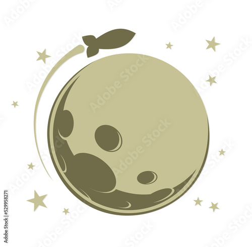 The yellow moon with flying rocket and stars.