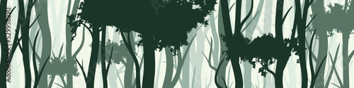 Wild forest with various coniferous or deciduous trees. Wide horizontal banner with various tree trunks silhouettes. Dark misty pine forest landscape, panorama. Vector illustration