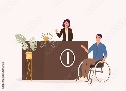 Smiling Female Receptionist And Disabled Man With Wheelchair At Information Counter. Full Length. Flat Design Style, Character, Cartoon.