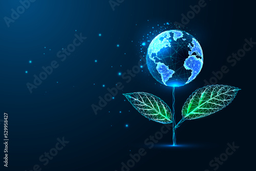 Futuristic glowing low polygonal plant with planet Earth globe as a flower on dark blue background. 