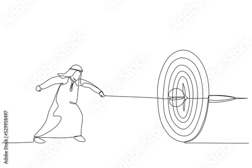 Cartoon of arab businessman runs and throws a spear at a target. Metaphor for purpose, accuracy and skill. One line art style