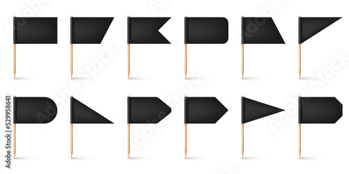 Realistic various toothpick flags. Wooden toothpicks with black paper flag. Location mark, map pointer. Blank mockup for advertising and promotions. Vector illustration